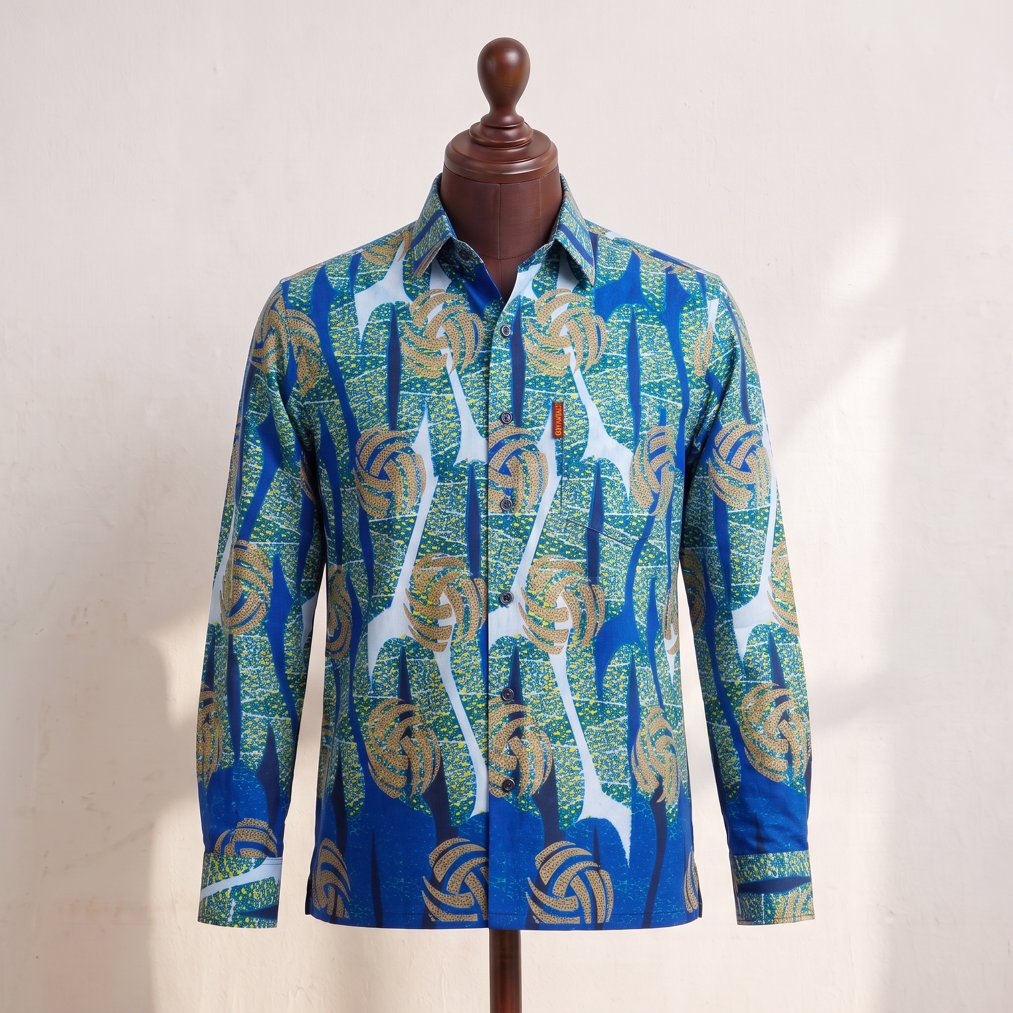 Blue & Gold African Print Long-Sleeve Shirt