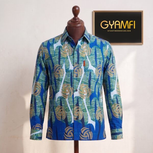 Gyamfi Menswear.com - Blue & Gold African Print Long-Sleeve Shirt (2) Gyamfi Menswear.com - Blue & Gold African Print Long-Sleeve Shirt (2)