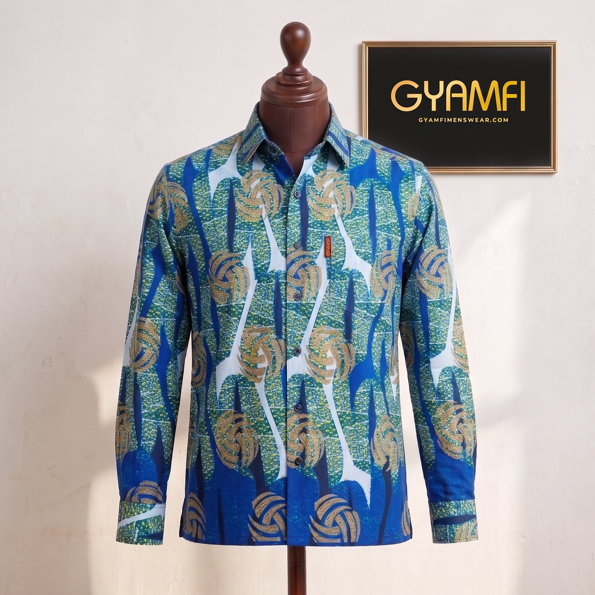 Blue & Gold African Print Long-Sleeve Shirt - Image 2