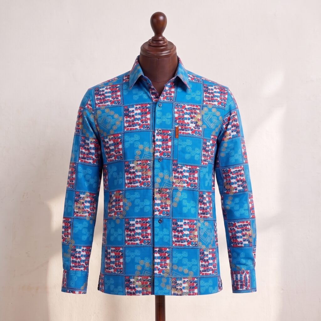 Blue Patchwork Pattern Long-Sleeve Shirt