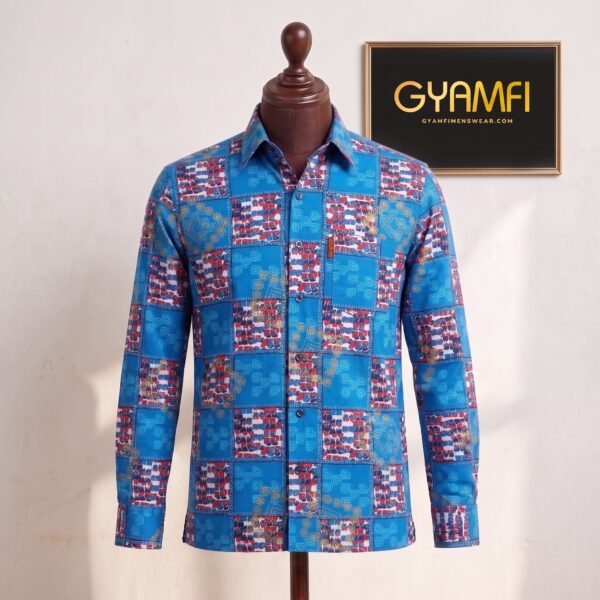 Gyamfi Menswear.com - Blue Patchwork Pattern Long-Sleeve Shirt (2) Gyamfi Menswear.com - Blue Patchwork Pattern Long-Sleeve Shirt (2)