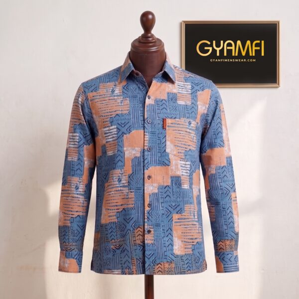 Gyamfi Menswear.com - Blue & Peach Abstract Pattern Shirt (2) Gyamfi Menswear.com - Blue & Peach Abstract Pattern Shirt (2)