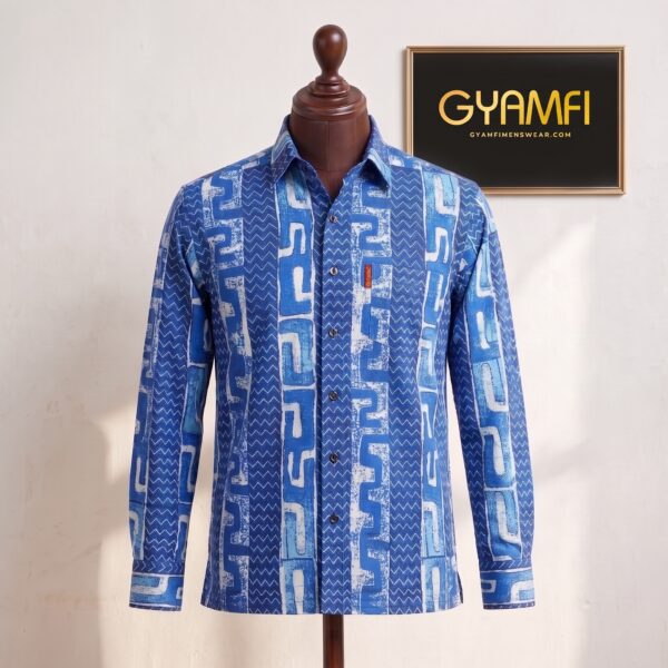 Gyamfi Menswear.com - Royal Blue Geometric Print Long-Sleeve Shirt (2) Gyamfi Menswear.com - Royal Blue Geometric Print Long-Sleeve Shirt (2)