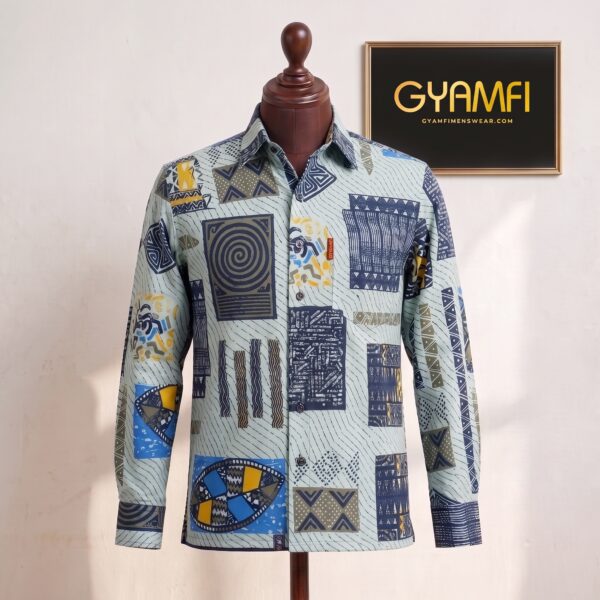 Gyamfi Menswear.com -Sage Green & Navy Abstract Print Shirt (1) Gyamfi Menswear.com -Sage Green & Navy Abstract Print Shirt (1)