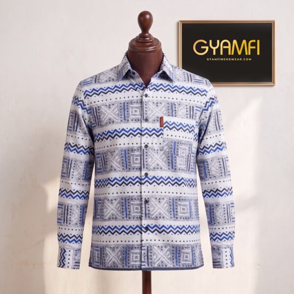 Gyamfi Menswear.com - White & Blue Geometric Print Shirt (2) Gyamfi Menswear.com - White & Blue Geometric Print Shirt (2)